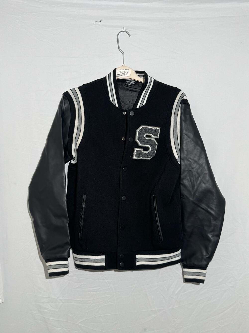 Ring of Fire Varsity Jacket Black Faux Leather Sleeve Letter S Small Streetwear